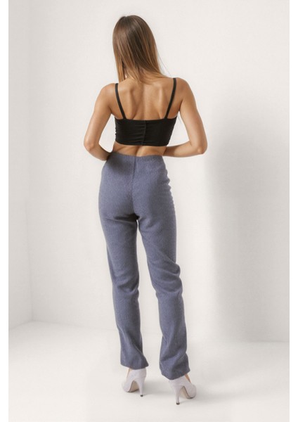 Beli Lastikli Ince Çizgili Geniş Paça Pantolon modelleri