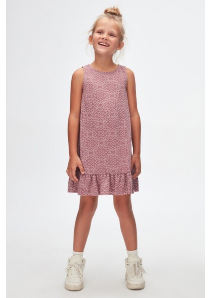 Mor Yonca Desen Kız Çocuk Fırfırlı Çan Etekli Elbise