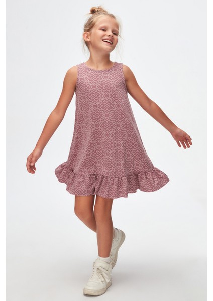 Mor Yonca Desen Kız Çocuk Fırfırlı Çan Etekli Elbise fiyatları