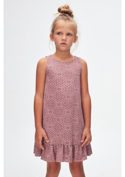 Mor Yonca Desen Kız Çocuk Fırfırlı Çan Etekli Elbise modelleri