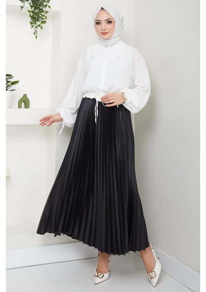 Beli Lastikli Deri Görünümlü Sık Piliseli Etek Siyah HM2655