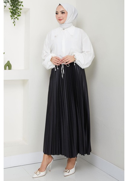 Beli Lastikli Deri Görünümlü Sık Piliseli Etek Siyah HM2655 fiyatları