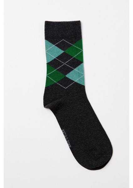 Erkek Ekose Desenli Soket Çorap Gri Melanj- Yeşil