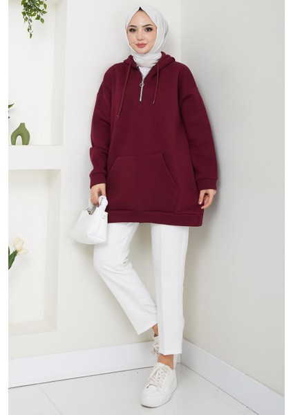 Üç Iplik Fermuarlı Kapüşonlu Kanguru Cepli Sweatshirt Tunik Bordo HM2649