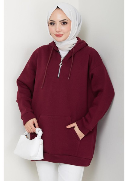 Üç Iplik Fermuarlı Kapüşonlu Kanguru Cepli Sweatshirt Tunik Bordo HM2649 fırsatları