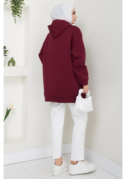 Üç Iplik Fermuarlı Kapüşonlu Kanguru Cepli Sweatshirt Tunik Bordo HM2649 indirimleri