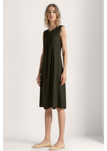 Önü Düğmeli Krinkıl Kumaş Sıfır Kol Elbise indirimleri