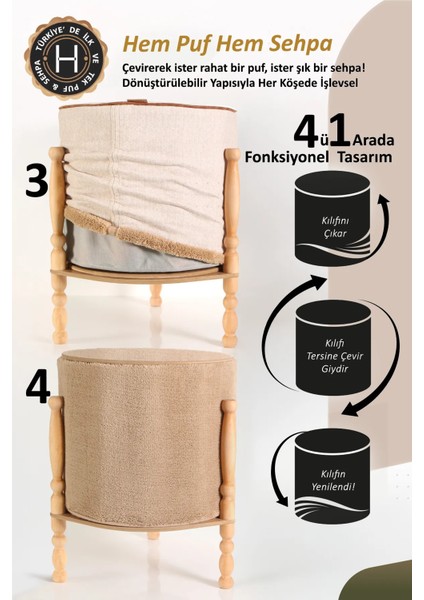 Çift Yönlü Sehpa Çevir Puf Çift Taraflı Yıkanabilir Kılıflı Puf Bench Ahşap Koltuk Sehpası Arden modelleri