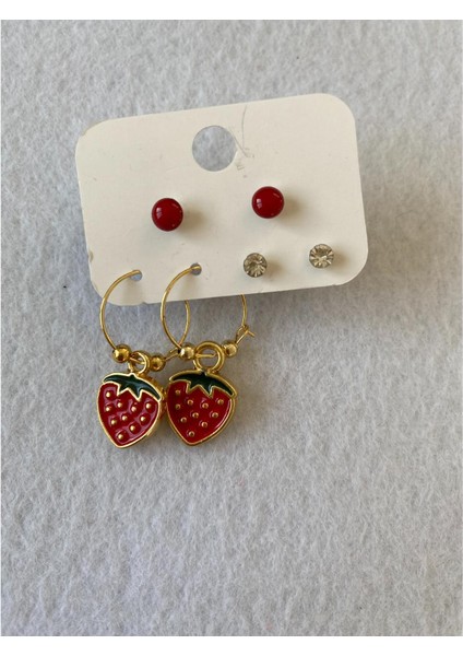 Çilek Figürlü Çoklu Küpe Altın Renk