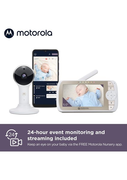 VM65X Connect Bebek Video Gözetim Monitörü, 5 Inç Full Hd 1080P, Mobil Uygulama ve Stand, Manyetik Saplı ve Bebek Beşiği Için Esnek Saplı (Beyaz)