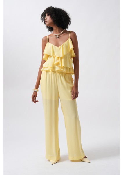 Geniş Paça Astarlı Tül Sarı Pantolon
