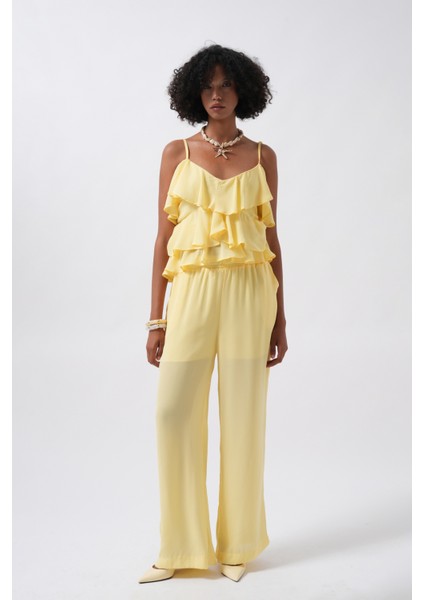 Geniş Paça Astarlı Tül Sarı Pantolon fiyatları