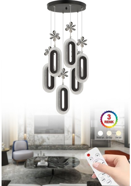Istanbul Avize LED Alfa 6'li Siyah Kumandalı 3 Renk Ledli Kristal Taşlı Modern LED Avize