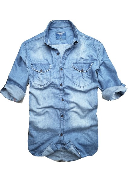 Slim Fit Saf Pamuk Denim Kumaş Kot Gömlek--Çiftcep Mavi--
