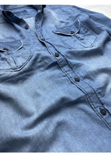 Slim Fit Saf Pamuk Denim Kumaş Kot Gömlek--Çiftcep Mavi-- fiyatları
