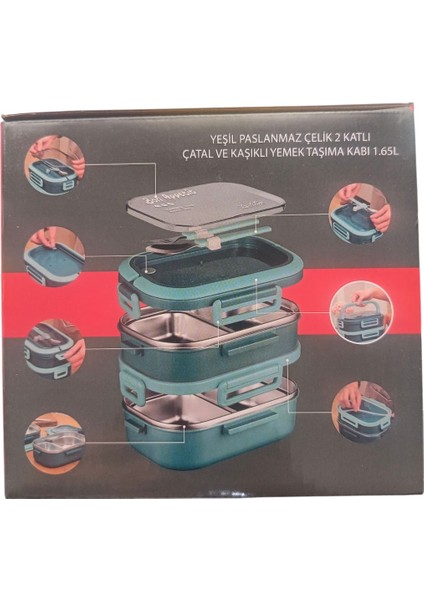 Tedemeı Paslanmaz Çelik Dikdörtgen 2 Katlı Çatal ve Kaşıklı Yemek Taşıma Kabı 1.65L