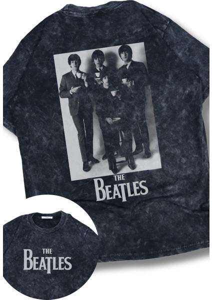 Unisex The Beatles Sırt Baskılı Yıkamalı Tişört, Oversize Rock-Metal Baskılı Eskitme T-Shirt