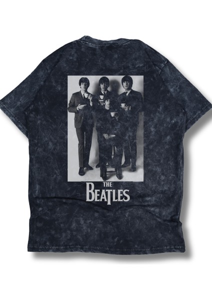 Unisex The Beatles Sırt Baskılı Yıkamalı Tişört, Oversize Rock-Metal Baskılı Eskitme T-Shirt modelleri