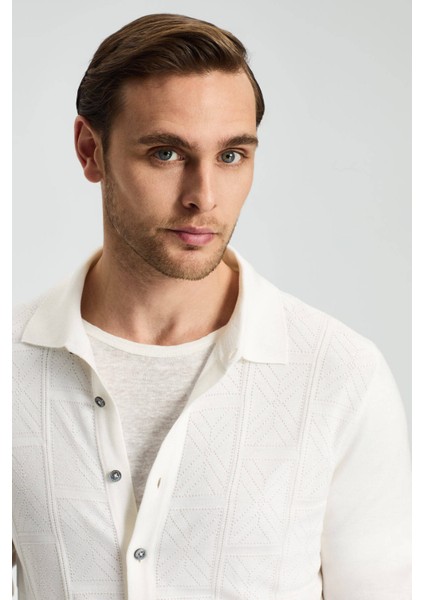 Ajur Örgü Detaylı Ipek Karışım Beyaz Triko Gömlek