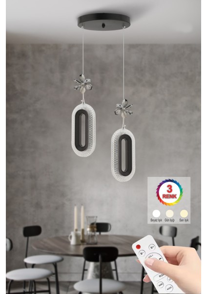Istanbul Avize LED Alfa 2'li Siyah Kumandalı 3 Renk Ledli Kristal Taşlı Modern LED Avize