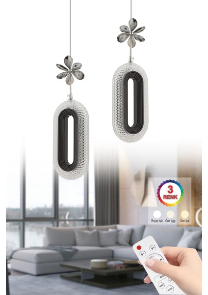 Istanbul Avize LED Alfa 2'li Siyah Kumandalı 3 Renk Ledli Kristal Taşlı Modern LED Avize
