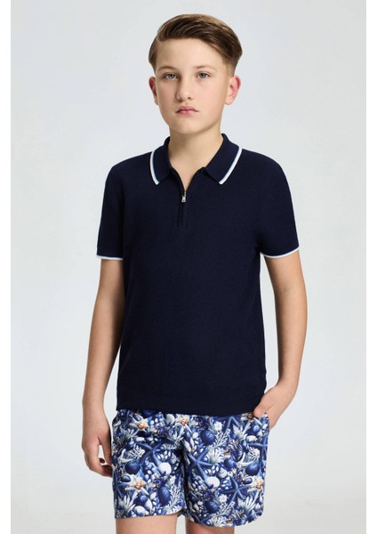 Fermuar Detaylı Lacivert Merserize Pamuk Çocuk Triko Polo modelleri