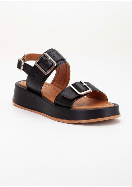 Kadın Hakiki Deri Tokalı Yüksek Taban Sandalet - Siyah fırsatları