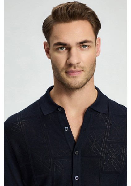 Ajur Örgü Detaylı Ipek Karışım Lacivert Triko Gömlek indirimleri