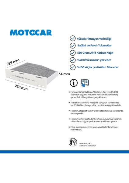 6200 104C Karbonlu Klima Filtresi (VW Golf 5 - Caddy 3 - Passat)