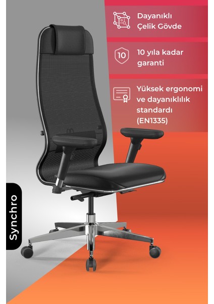 Ergolife Fileli ve Deri Yönetici Koltuğu - Ofis Sandalyesi 1F6.7.1.544 / 0010460 - Siyah
