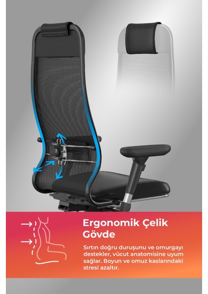 Ergolife Fileli ve Deri Yönetici Koltuğu - Ofis Sandalyesi 1F6.7.1.544 / 0010460 - Siyah