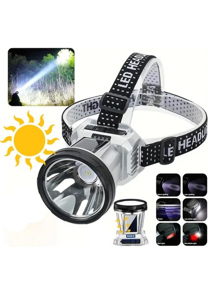 Powermaster Solar Güneş Enerji Panelli Ledli Kafa Lambası Feneri 1600MAH 6 Modlu Sensörlü Kamp Yürüyüş Lambası