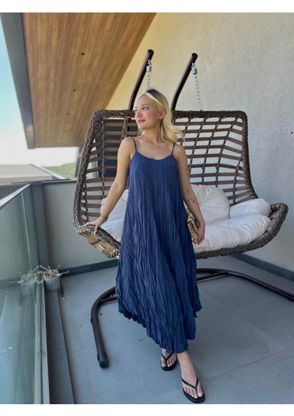 Kadın Kırışık Desenli Askılı Elbise Indigo