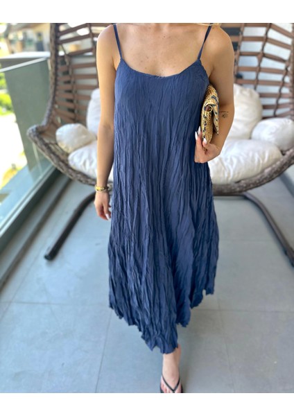 Kadın Kırışık Desenli Askılı Elbise Indigo modelleri