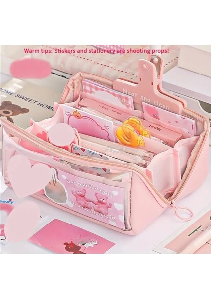 Pembe Yaklaşık 80 Kalem Kapasiteli Kızlar Için Şeffaf Katmanlı Kalem Kutu 1 Adet