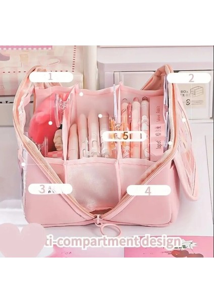 Pembe Yaklaşık 80 Kalem Kapasiteli Kızlar Için Şeffaf Katmanlı Kalem Kutu 1 Adet fırsatları