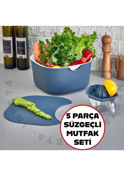 5 Parça Çok Amaçlı Süzgeçli,limon Sıkacaklı,kesme Tahtalı Karıştırma Kabı Kasesi Mutfak Seti