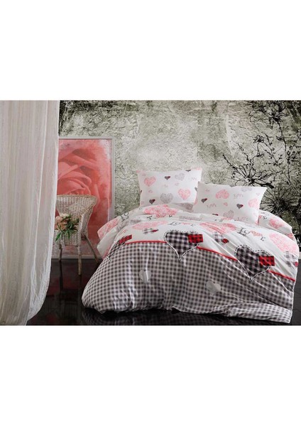 Çift Kişilik Lastikli Çarşaflı Pamuklu Nevresim Takımı Patchwork Love