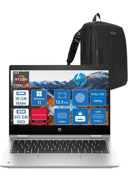 Pro X360 435 G10 Ryzen 7 7730U 16GB Ddr4 512GB SSD Amd Radeon Grafik 13.3" Fhd IPS 250NITS Windows 11 Pro Dokunmatik Taşınabilir Bilgisayar 816F1EAH01 + Zettaçanta