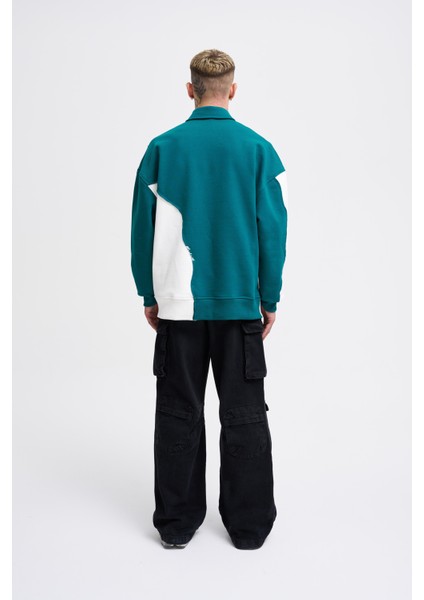 Erkek Distressed Stitch And Embroidered Polo Petrol Yeşili Ekru Sweatshirt