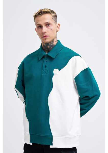 Erkek Distressed Stitch And Embroidered Polo Petrol Yeşili Ekru Sweatshirt