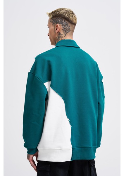 Erkek Distressed Stitch And Embroidered Polo Petrol Yeşili Ekru Sweatshirt