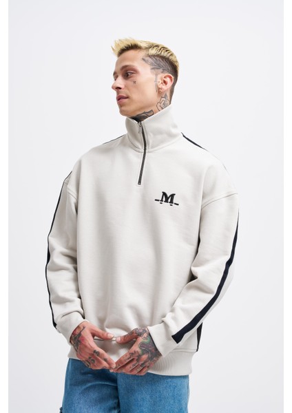 Erkek Stripe Hihg Neck Gri Sweatshirt