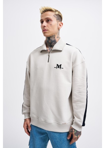 Erkek Stripe Hihg Neck Gri Sweatshirt