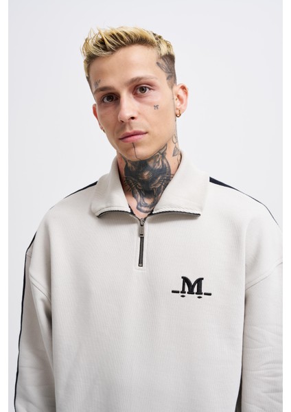 Erkek Stripe Hihg Neck Gri Sweatshirt