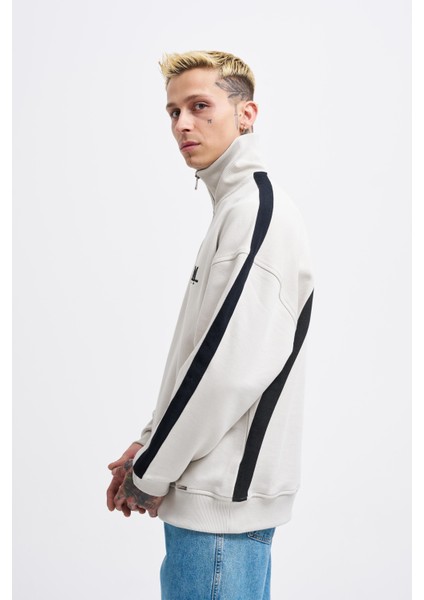 Erkek Stripe Hihg Neck Gri Sweatshirt