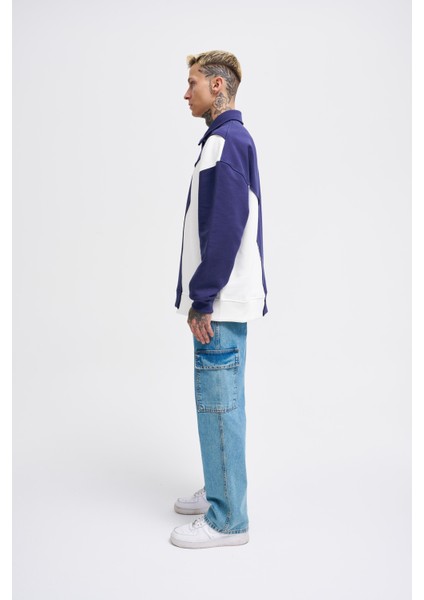 Erkek Distressed Stitch And Embroidered Polo Lacivert Ekru Sweatshirt