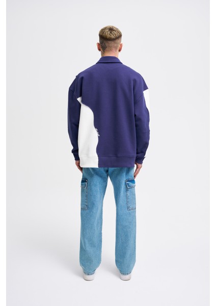 Erkek Distressed Stitch And Embroidered Polo Lacivert Ekru Sweatshirt
