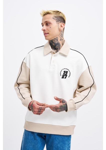 Erkek Contrast And Piped Polo Ekru Sweatshirt-Soft Beıge