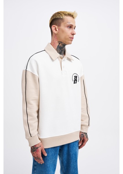 Erkek Contrast And Piped Polo Ekru Sweatshirt-Soft Beıge